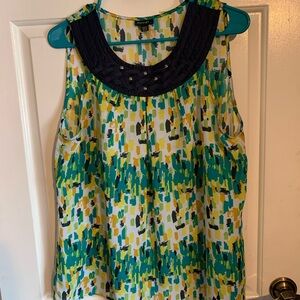 Piano Green, Teal & Yellow Printed Sleeveless Camisole with Navy Yoke